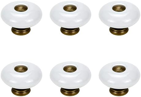 Faotup 6pcs botões redondos de cerâmica, botões de gaveta branca vintage, alça redonda de cerâmica de latão antiga, botões de cerâmica para armários e gavetas, 1,30 × 1,30 × 0,91