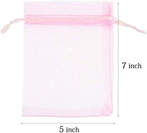 100 PCs 5x7 polegadas Bolsas de embrulho de presente rosa, organza sheer See através do tecido, bolsas de fita de cetim de cordão