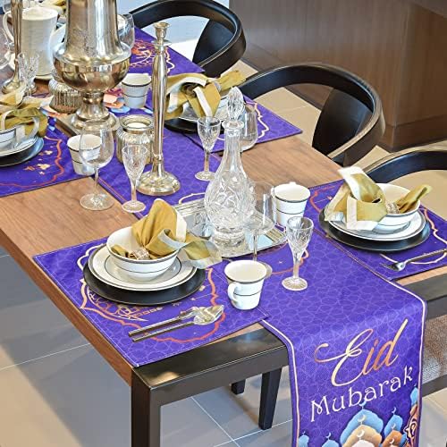 7 peças Eid Mubarak Table Runner e Placemats Ramadan Table Runner Table tapetes Golden Star Moon Eid al-Fitr Ramadan Mubarak