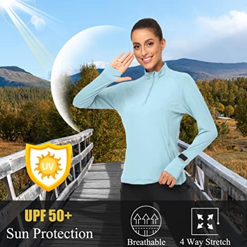 CUNYI WOMENS UPF 50+ Proteção solar Sun Manga Long Quarter zip Pullover de camiseta rápida seca