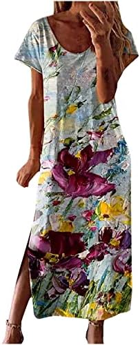 Vestido maxi de verão feminino Pintura solta Pintura floral vestidos longos vestidos de manga curta dividida no vestido moderno