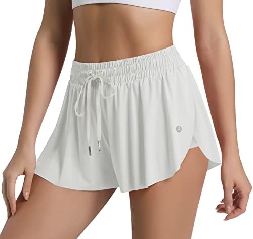 Mulheres 2 em 1 Flowy Butterfly Shorts com spandex por baixo e bolso para treino atlético