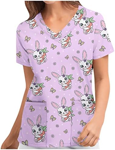 Moda feminina Páscoa Scrub_tops Manga curta V T-shirt Tops camisetas coloridas Conelas estampadas com bolsos