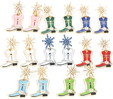 Western Cowgirl Cowboy Bot Drop Brincos Dangle Brincos artesanais Brincos de bota de flores de neve para mulheres Rodeos de festas