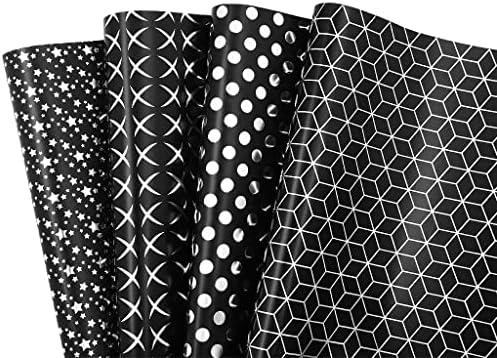 Premium Foil Aniversário de embrulho lençóis planos -geométricos, estrela, bolinhas, embrulho de presente em preto