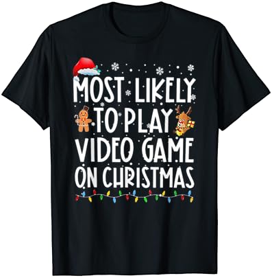 Com maior probabilidade de jogar videogames na camiseta de luzes de Natal de Natal