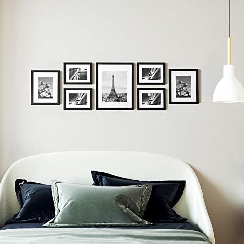 Conjunto de molduras de parede da galeria canorma, molduras de imagens múltiplas 7, um 11x14, dois 8x10, quatro 6x8 quadros de foto com tapete branco, frente de vidro, penduramento ou tela de mesa, preto