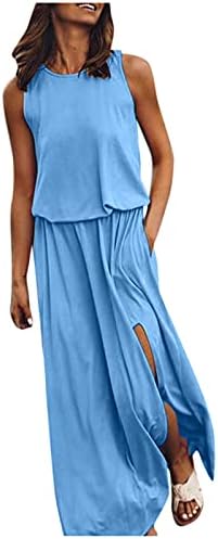 Vestido maxi de verão feminino Manga curta Crew pescoço casual solto praia longa vestidos de praia com bolsos Swing Sundren Flowy