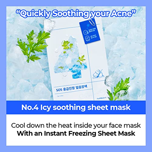 Numbuzin No.4 Máscara de folha suave gelada | Esfria a pele aquecida, máscara facial hidratante, árvore de chá, mugwort, houttuynia | Cuidados com a pele coreanos para rosto, 4ea/caixa