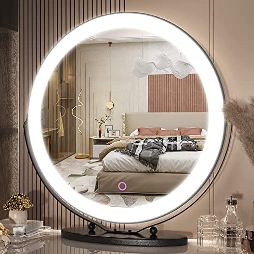 Espelho de espelho de maquiagem de 20 polegadas Vieros com luzes, espelho de maquiagem iluminado redondo com halo LED escurecido