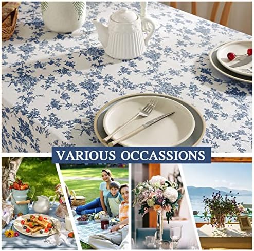 Sastybale pastoral de linho de linho de algodão retângulo, capa de mesa vintage lavável com padrões florais azuis, toalha de mesa de