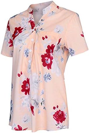Botão de decote em V feminino Plus Tamanho Floral Impresso T-shirt Gradiente de mangas curtas Túnicas de top