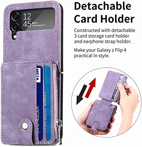 LBYZCASE Galaxy Z Flip 4 Case com suporte de cartão zíper destacável para homens homens, capa de telefone de couro de zíper retro PU