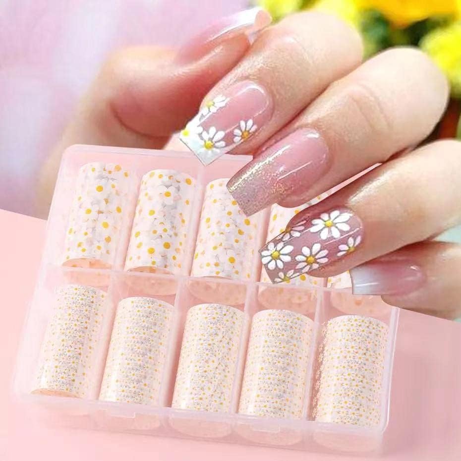 GZGreat 10 Rolls Daisy Flor Nail Art Starters FOIL Transferência de primavera Decorações florais do verão Designs de girassol para mulher Manicure DIY Manicure