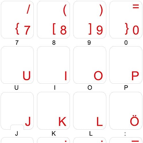 Adesivo de teclado alemão 4Keyboard com letras vermelhas em fundo transparente para desktop, laptop e notebook