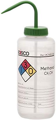 Garrafa de lavagem EISCO para metanol, 1000 ml - rotulado com informações químicas e de segurança codificadas por cores - boca