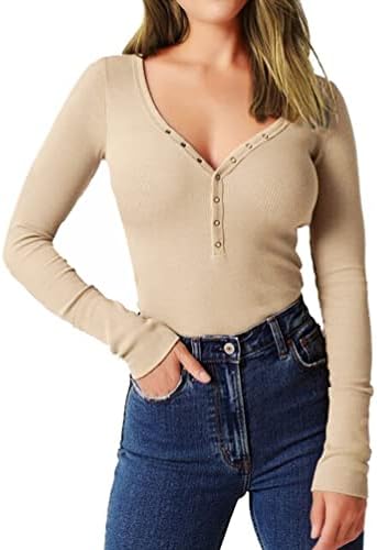 Roselux Mulheres de manga longa Camisa equipada com pescoço V Basic Basic Henley Top