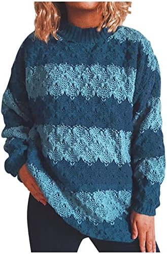 Muduh suéteres para mulheres de inverno no pescoço intermediário faixa de contraste de manga comprida suéter de pulôver solto confortável