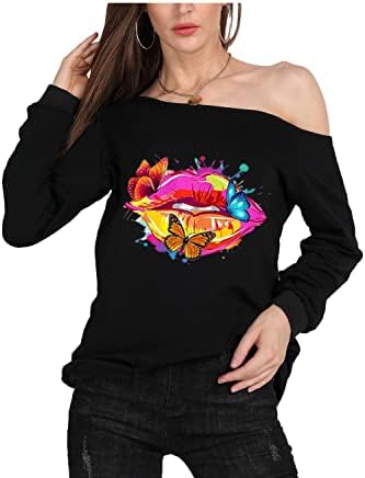 Magicmk Mulher Sweatershirt Lips Print Blouse causal do ombro de manga longa Pullover solto solto PLUS TAMPS TAMPOS