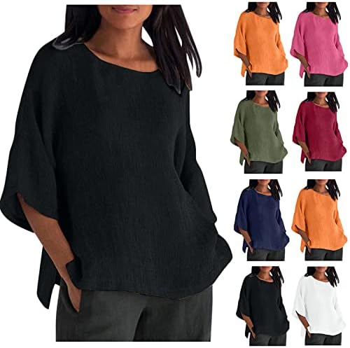 Camisas casuais clássicas do Womens clássicas de linho de linho de algodão de tamanho 3/4 túnos de túnica de pescoço redondos de