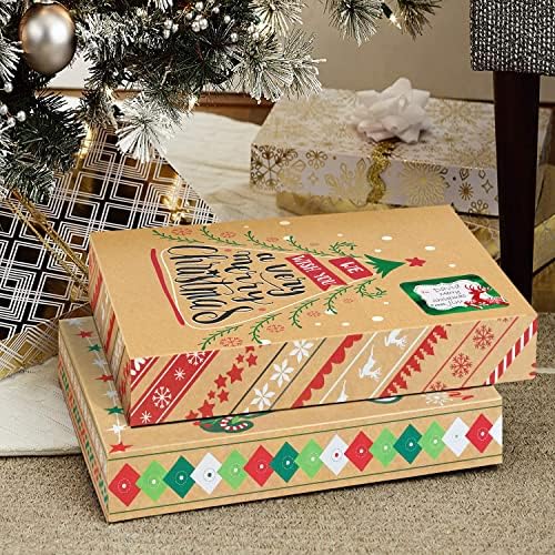 12 Kraft Christmas Presente Caixas com tampas para embrulhar roupas grandes e 80 contagem de tags de natal de papel