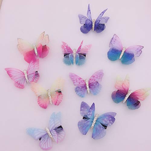 Liasun 6pcs/pacote 3d colorido organza borboleta clipes - chiffon fada asas - fita clipes embrulhados barrettes acessórios