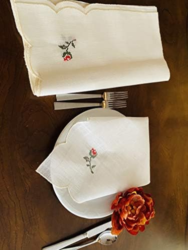 Guardanapos de jantar reutilizável de linho/pano bordados florais; Conjunto de 4 peças - 17 x17 branco/bege ativo