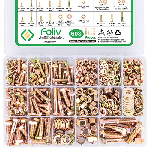 Foliv 467pcs Kit de sortimento para parafusos de parafuso pesado - parafusos planos parafusos de parafusos Bloqueio e lavadoras de gaxetas planas kit de sortimento, grau 8