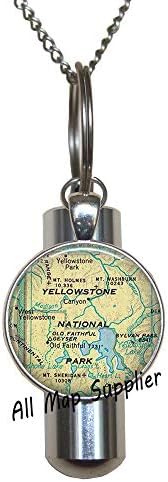AllMapsupplier Cremação de moda Colar Urna Colar do parque nacional Yellowstone Map Cremação Colar urna, colar de urna de mapa de Yellowstone, mapa de Yellowstone, jóias de mapa.a0042