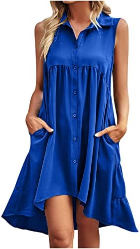 Vestidos de tanque hcjkdu para mulheres botão de lapela para baixo, mini vestido sólido de baixa bainha casual vestido curto desarrumado