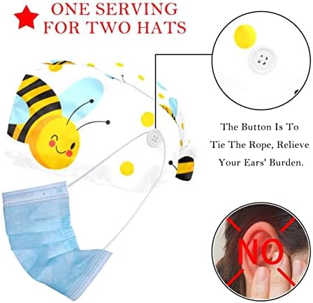 Bapa de trabalho de abelha de desenho animado fofo com botões e banda de suor de gorjeta ajustável Back Bouffant para mulheres