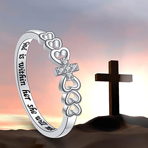 Alphm S925 Sterling Silver Christian Cross Heart Inspirational Faith Bíblia Anel de versículo para mulheres Presente de joalheria