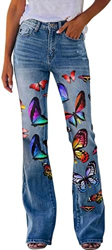 Calça de fundo de sino para mulheres impressão de borboleta casual calça de perna larga calças elásticas de cintura