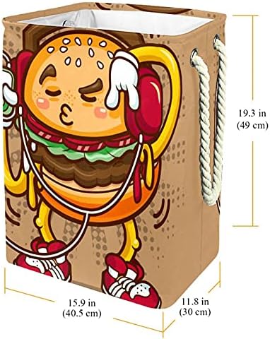 Hamburger de desenho animado engraçado ouvindo cesto de lavanderia de música cesto de organizador retangular dobrável para adultos unissex, meninos adolescentes, meninos, bins de armazenamento à prova d'água Quarto