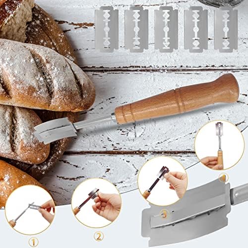 Blmhtwo pão coxo, ferramenta de pão coxo Ferramenta de pontuação de massa coxo com 5 cortador e couro de armazenamento de armazenamento multifuncional Razor para loja de pão de cozinha em casa, aço inoxidável e madeira