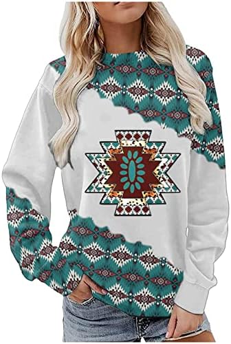 Camisetas vintage para mulheres camisa impressa asteca camisa de manga comprida camisa tribal Sorto geométrico Retro Retro Crewneck Blouse