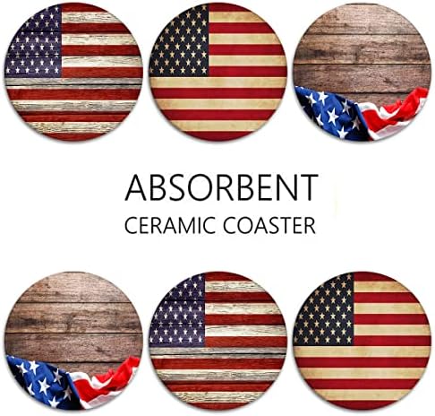 Coaster para bebidas Conjunto de 6, Estados Unidos bandeira americana de madeira absorvente redonda de pedra de cerâmica, com base de cortiça e suporte de metal, presente para decoração de bar de salas de inauguração