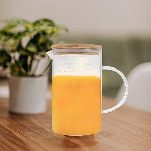 Jarra de vidro de hemotão Medição da xícara de água clara da jarra de bebida de água fria com alça de madeira para suco de leite com leite gelado de 1000 ml