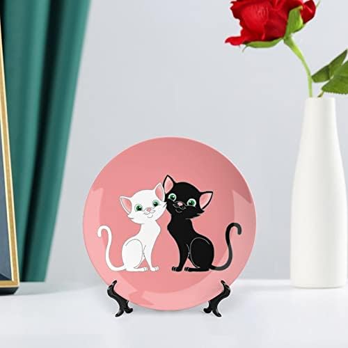 Gatos pretos e brancos ossos engraçados China de placa decorativa Placas de cerâmica redonda Craft With Display Stand for Home Office