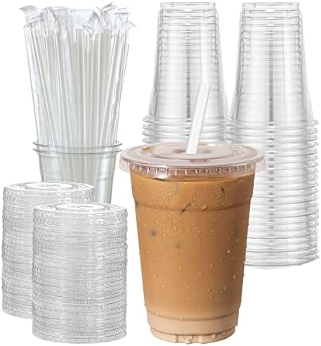Botogift [50 conjuntos] 20 oz de copos de plástico transparentes com tampas e canudos planos, xícaras de café descartáveis, xícaras