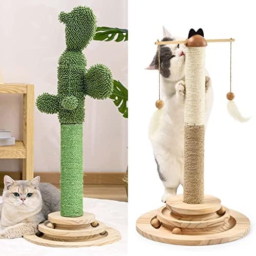 Yokee Cat Scratching Post para gatos internos brinquedos de penas, postagem de arranhões de gato, cactus gato scratcher de madeira