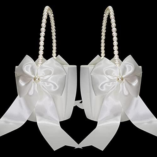 2pcs Wedding Flower Girl Cestos com pérola Handle Handle Bominho Cestas de Flores de Cetin para Festa de Cerimônia