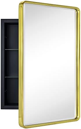 Tehome Farmhouse Gold Metal escovado Metal emoldurado Cabinete de remédios para banheiro com espelho Rectango arredondado Espelhos