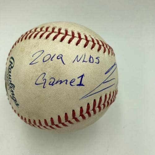 Ronald Acuna assinou 2019 NLDS Game de hit real usou Baseball Double JSA e MLB COA - MLB Game autografado usado Baseballs