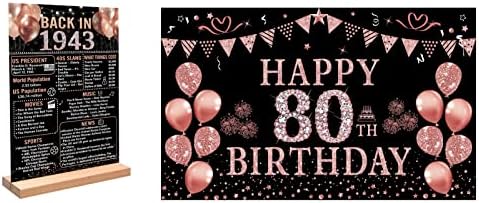 TRGOWAUL 80º aniversário Decorações para mulheres Rose Gold Birthday Banner Banner Feliz festa de aniversário de 80 anos supila, Rose Gold de volta em 1943 Poster de aniversário de aniversário