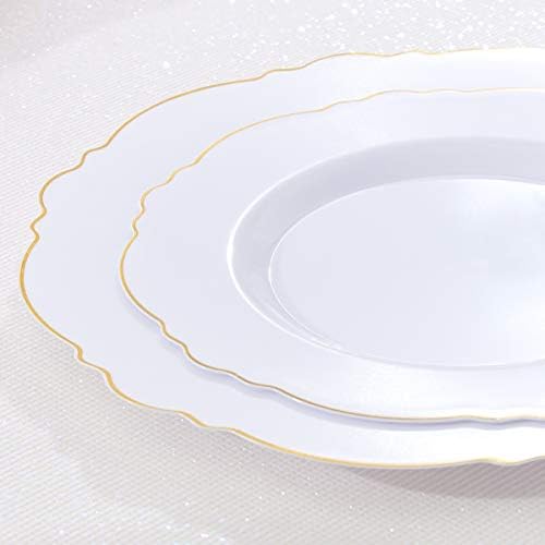 WDF 100pcs Placas de plástico de ouro - placas descartáveis ​​em branco e ouro barrocas para festas de luxo e casamento - placas de plástico, incluindo pratos de jantar 50plásicos de 10,25 polegadas, placas de 50Salad 7,5 polegadas