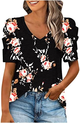 Blouses Dressy para mulheres estampas florais de verão ruched manga média v pescoço solto tshirts diariamente tops elegantes