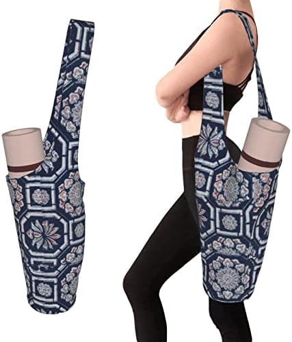 Saco de tapete de ioga, saco de transporte de ioga para tapete e blocos de lona estampada grande sling yoga saco de sacola de pilates com bolso com zíper, se encaixa na maioria dos tapetes de tamanho