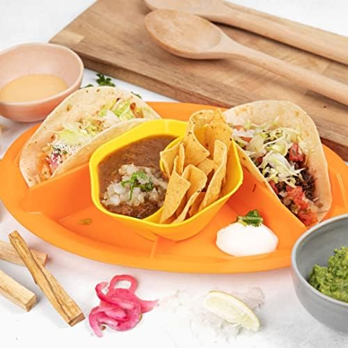 Fiesta Street Taco Plate, projetado especificamente para tacos macios, fabricados nos EUA, cumes altos extra, contém tigelas de dipper duplo, conjunto de 6