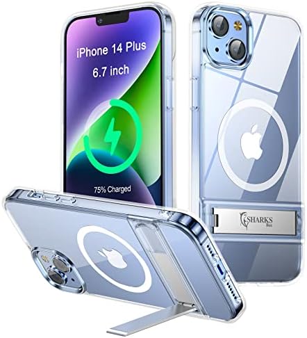 Sharks Box Magnetic Circle Metal Kickstand Clear Case para iPhone 14 Plus, [Compatível com MagSafe] [Proteção contra a